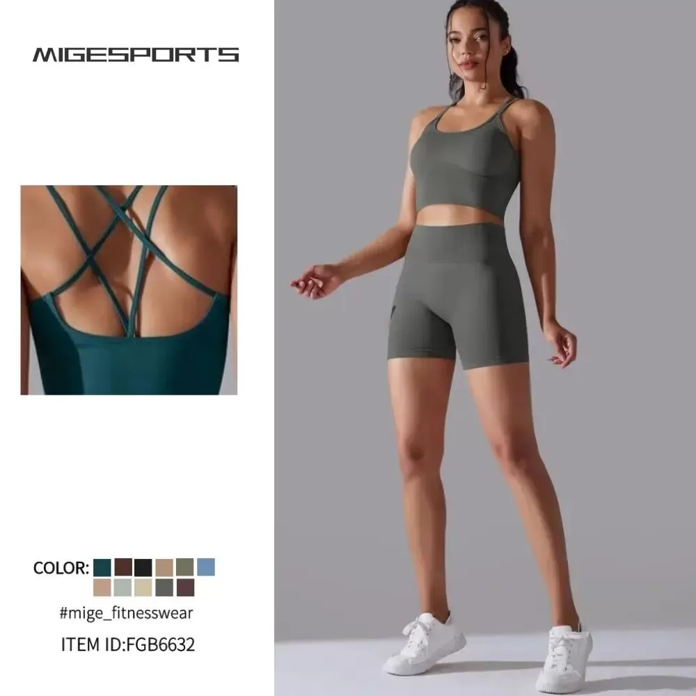 Conjunto de yoga de 2 piezas sin costuras para mujer: sujetador deportivo y pantalones cortos FGB6632