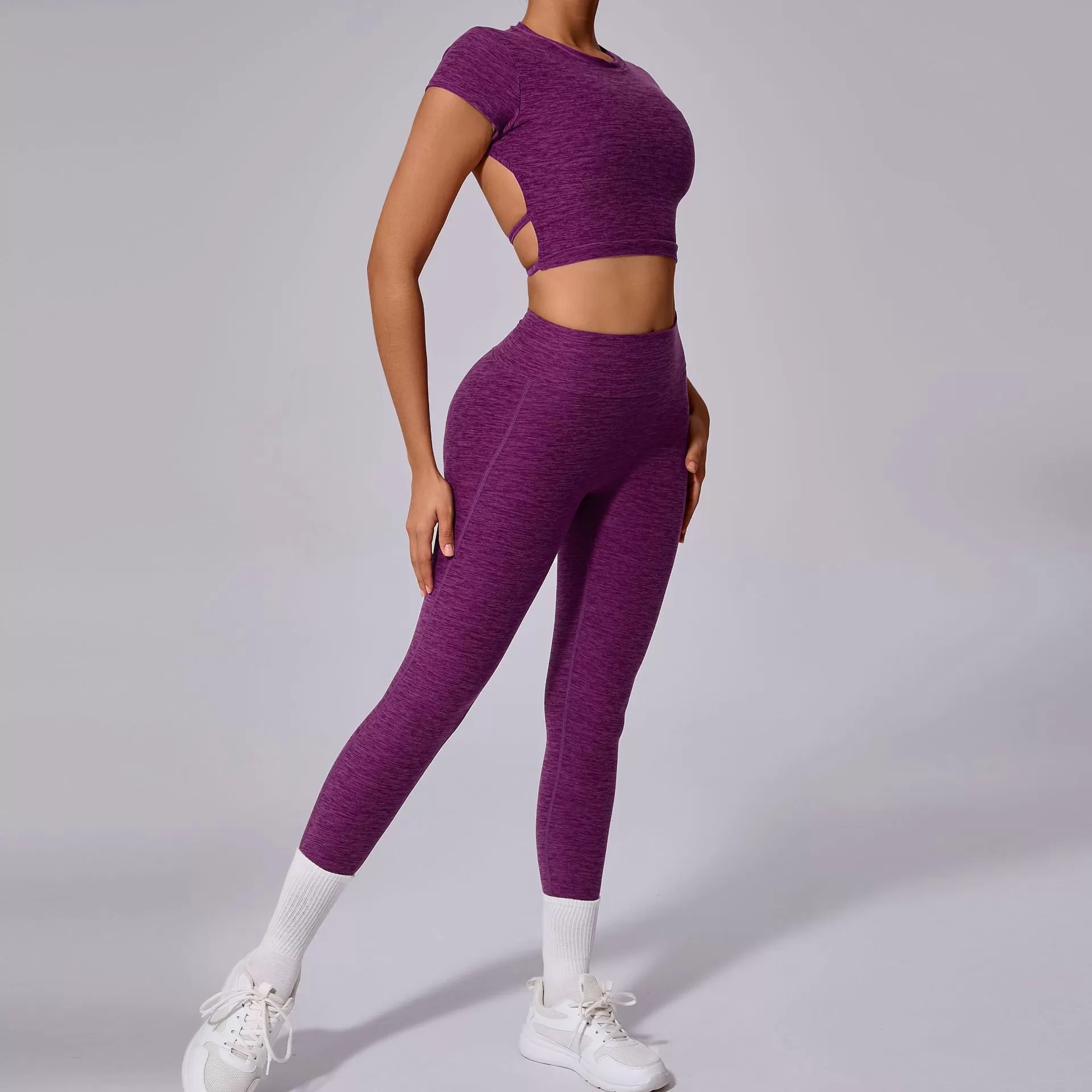 Conjunto de yoga de 2 piezas para mujer: top de manga corta y leggings FGB71240+46324