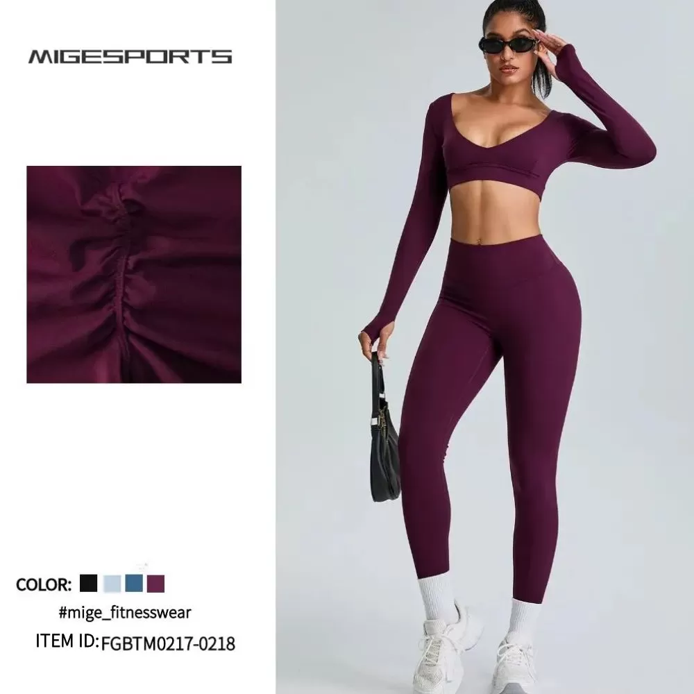 Conjunto de yoga de 2 piezas para mujer: camiseta de manga larga y leggings FGBTM0217-0218